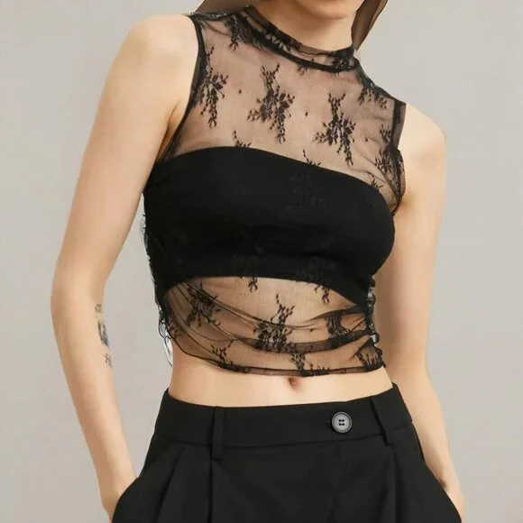 Women Lace Mesh Crop Top Sleeveless Sheer Floral Mock Neck Slim Fit - Picture 8 of 8